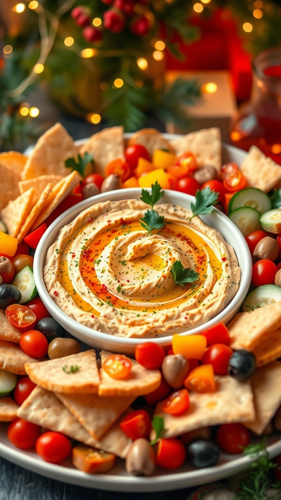 Vibrant vegan appetizers with hummus, bell peppers, tomatoes, cucumber, and olives on a festive platter.
